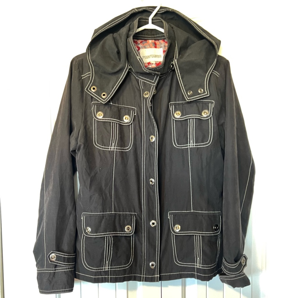 Women's Point Zero Jacket Grey Black Size Large Nicole Benisti Utility Coat Aop